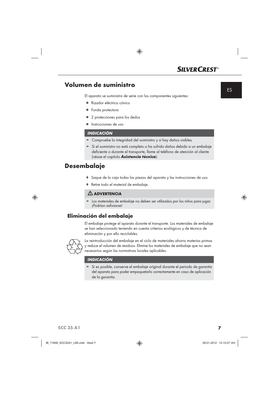 Volumen de suministro, Desembalaje, Eliminación del embalaje | Silvercrest SCC 35 A1 User Manual | Page 9 / 62