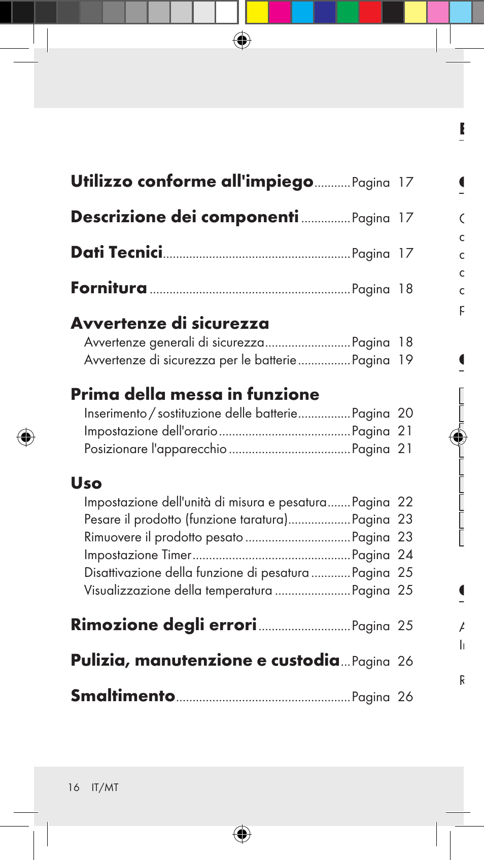 Bilancia da cucina utilizzo conforme all'impiego, Descrizione dei componenti, Dati tecnici | Utilizzo conforme all'impiego, Fornitura, Avvertenze di sicurezza, Prima della messa in funzione, Rimozione degli errori, Pulizia, manutenzione e custodia, Smaltimento | Silvercrest Z31183 User Manual | Page 16 / 63