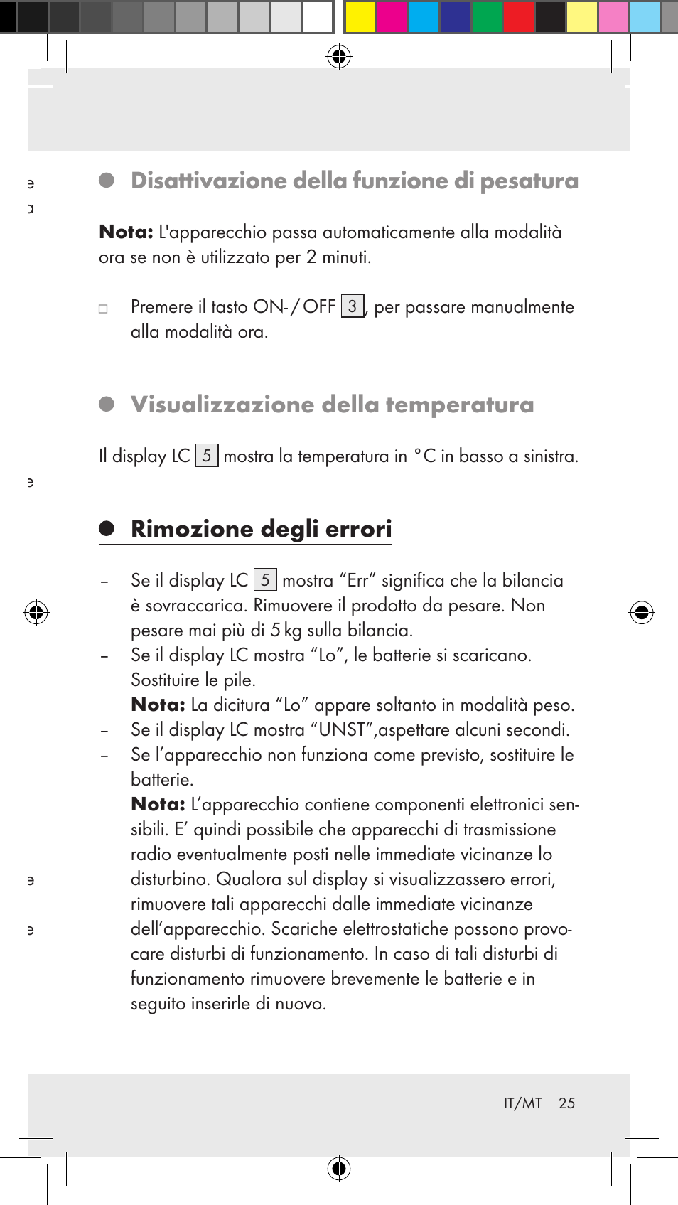 Disattivazione della funzione di pesatura, Visualizzazione della temperatura, Rimozione degli errori | Impostazione timer | Silvercrest Z31183 User Manual | Page 25 / 63