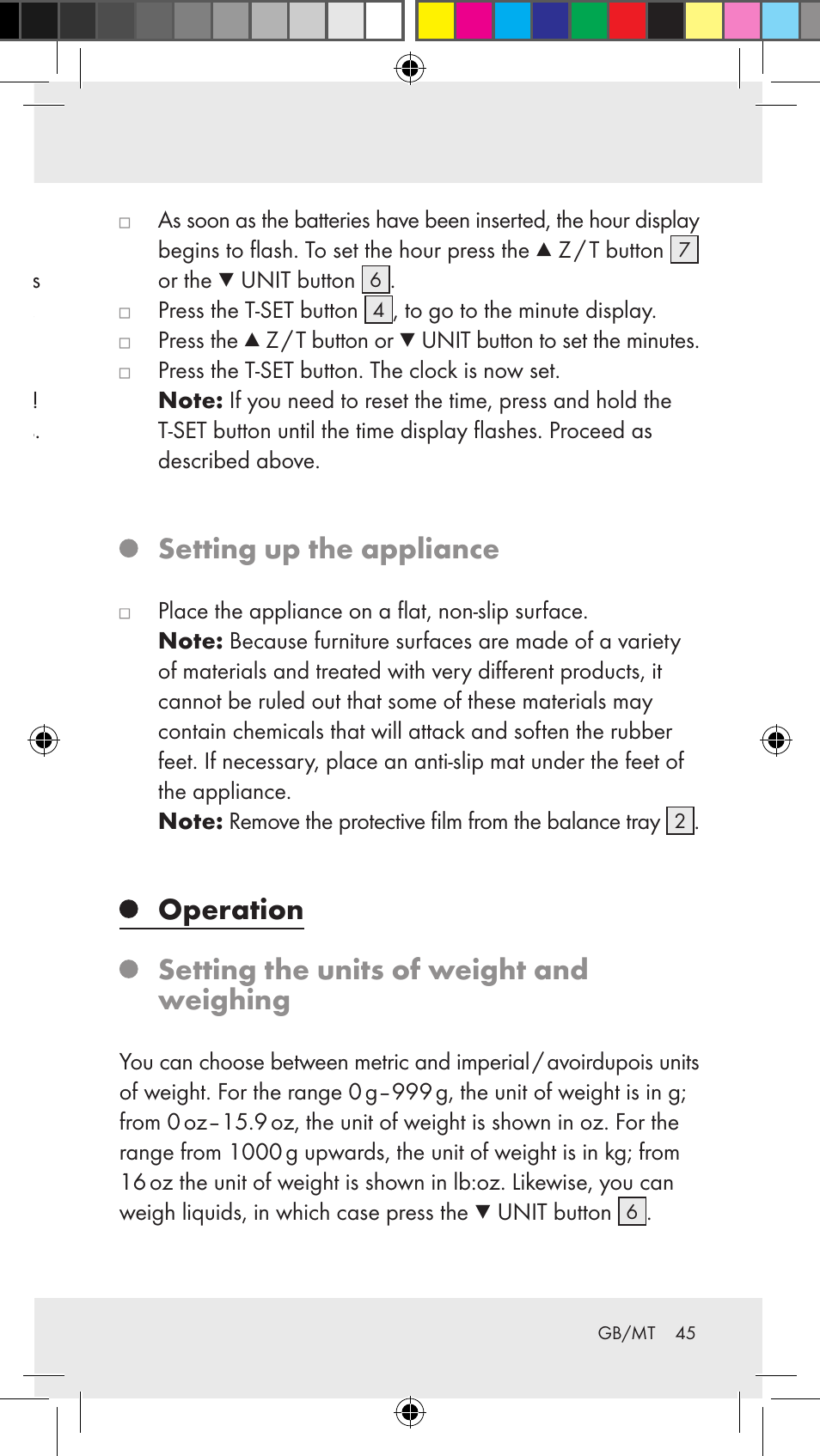 Before use inserting / replacing the batteries, Adjusting the time, Setting up the appliance | Operation setting the units of weight and weighing | Silvercrest Z31183 User Manual | Page 45 / 63
