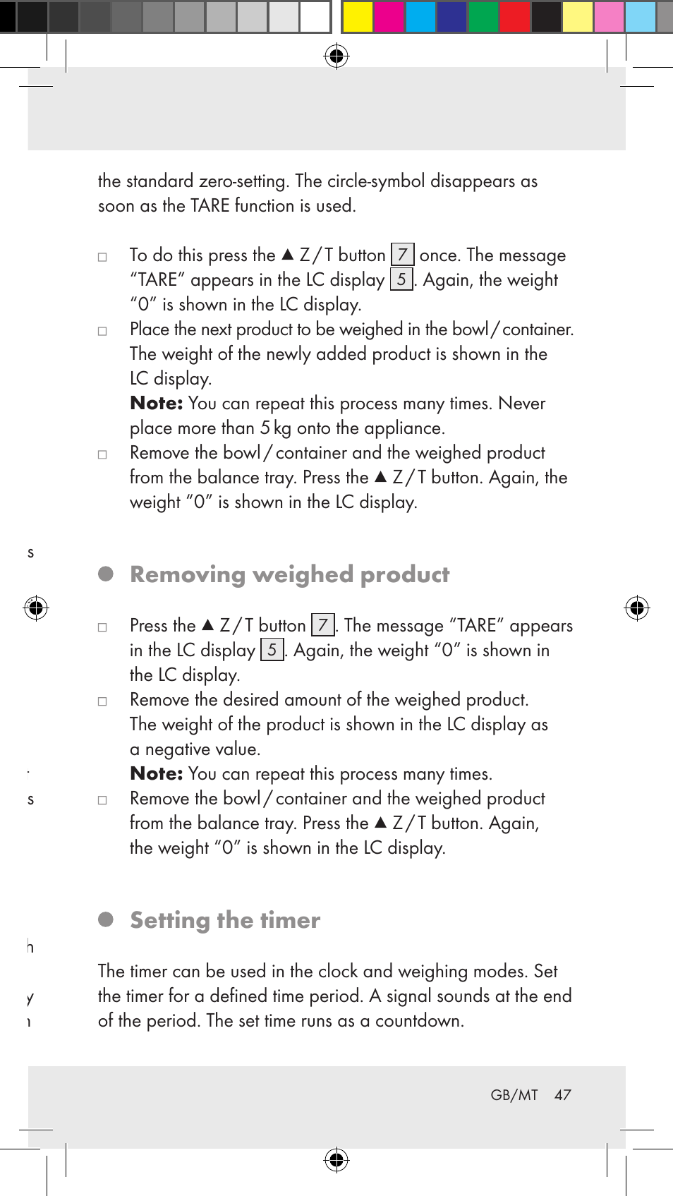 Tare (tare function), Removing weighed product, Setting the timer | Silvercrest Z31183 User Manual | Page 47 / 63
