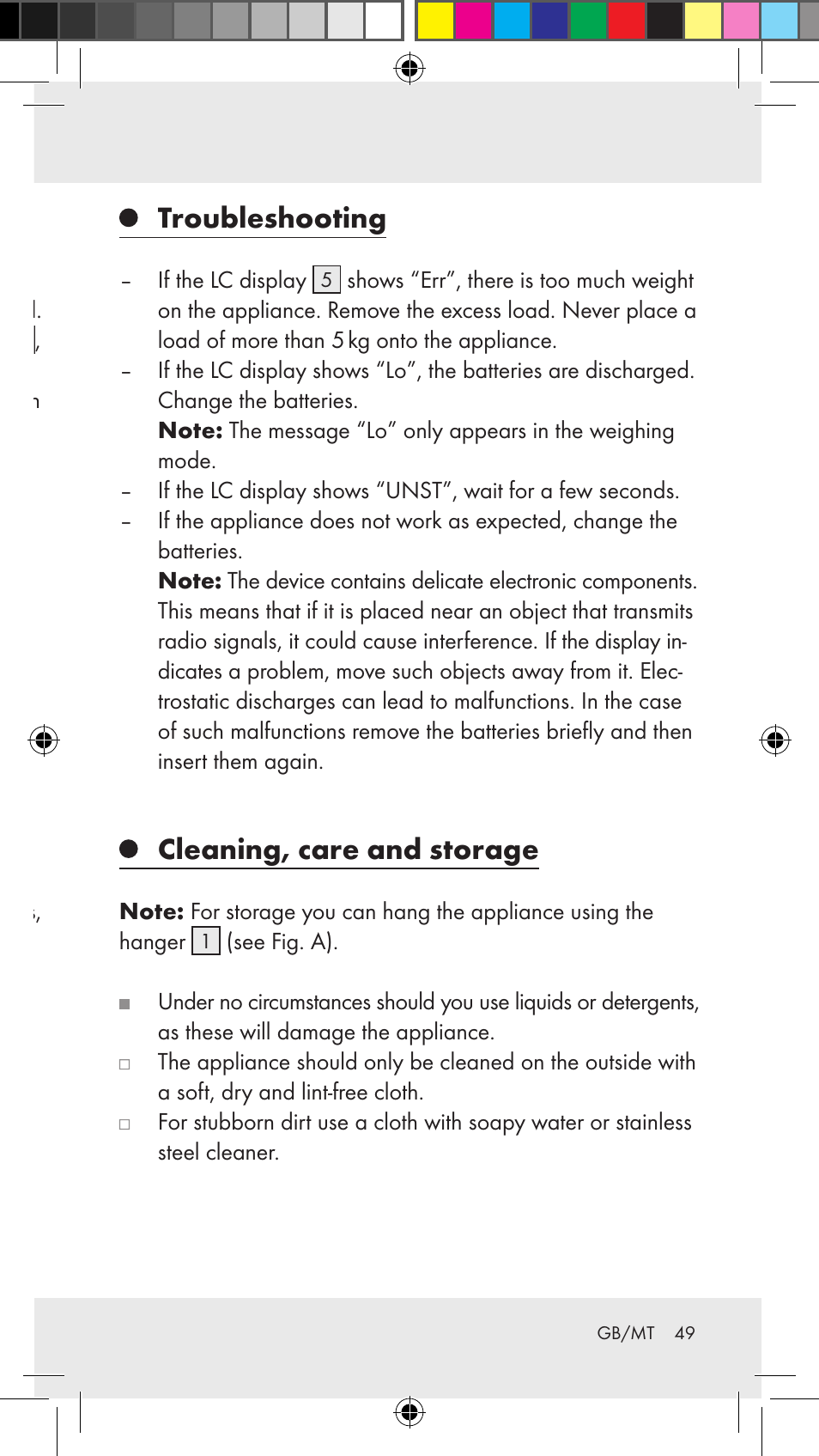 Switching off the weighing function, Temperature display, Troubleshooting | Cleaning, care and storage | Silvercrest Z31183 User Manual | Page 49 / 63