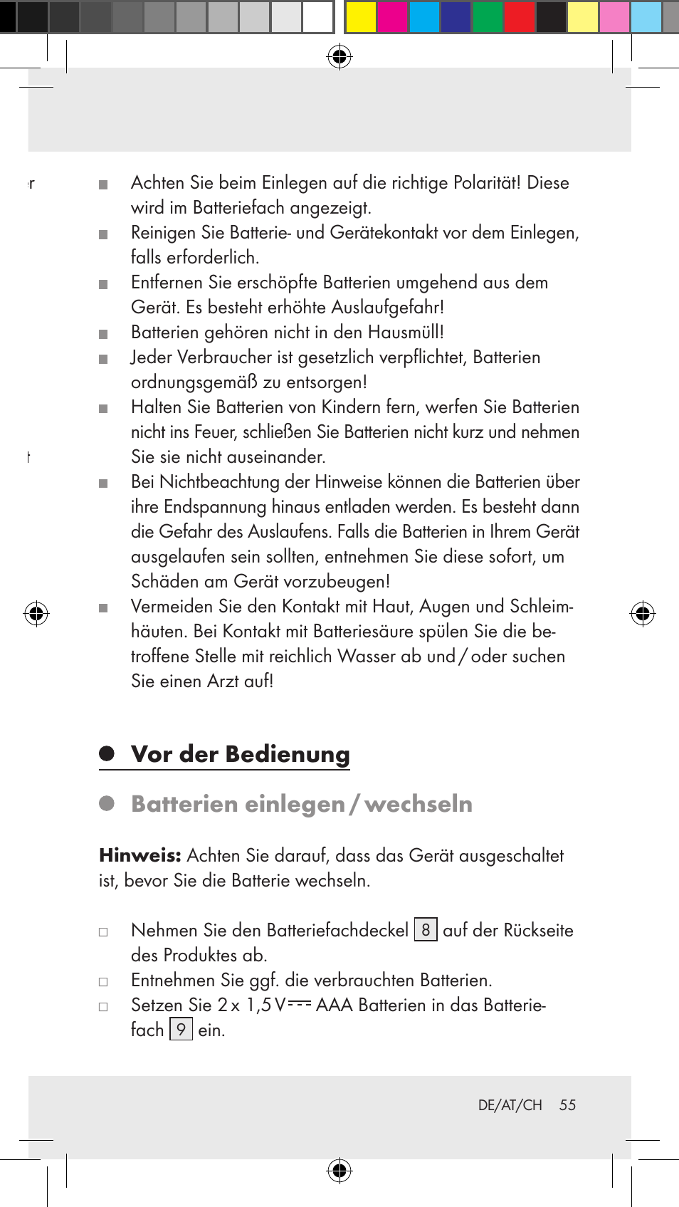 Sicherheitshinweise zu batterien, Vor der bedienung batterien einlegen / wechseln | Silvercrest Z31183 User Manual | Page 55 / 63