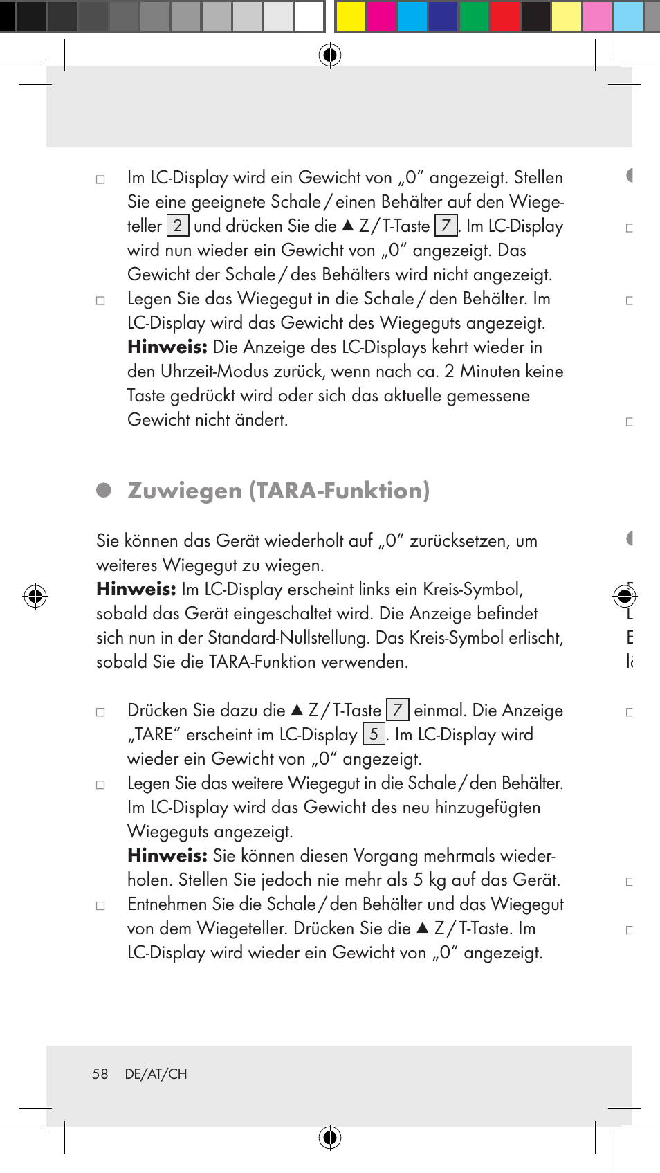 Zuwiegen (tara-funktion), Wiegegut entnehmen, Timer einstellen | Silvercrest Z31183 User Manual | Page 58 / 63
