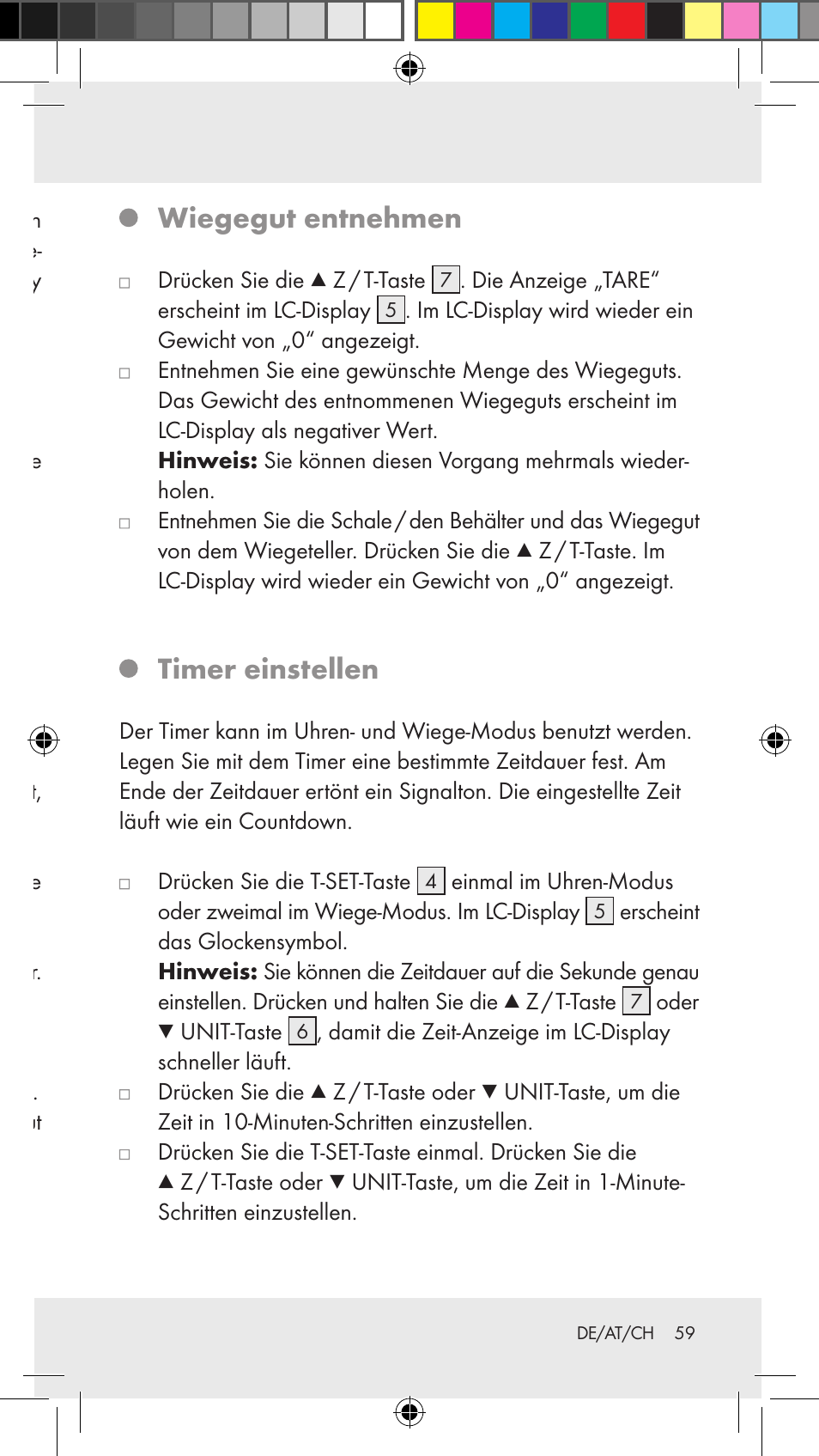 Zuwiegen (tara-funktion), Wiegegut entnehmen, Timer einstellen | Silvercrest Z31183 User Manual | Page 59 / 63