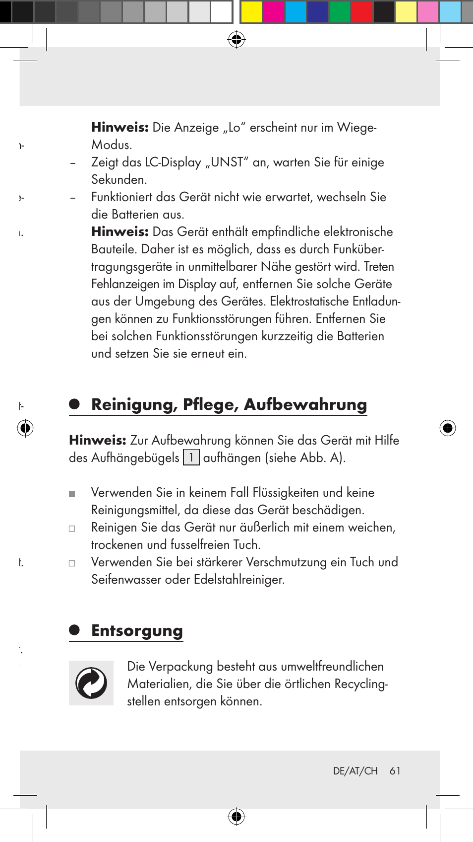 Wiege-funktion ausstellen, Temperatur-anzeige, Fehler beheben | Reinigung, pflege, aufbewahrung, Entsorgung | Silvercrest Z31183 User Manual | Page 61 / 63
