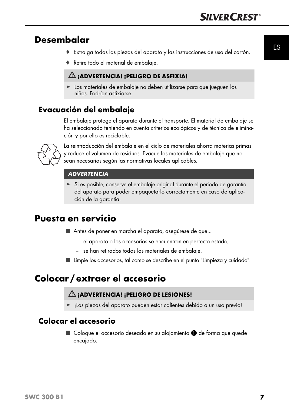 Desembalar, Puesta en servicio, Colocar / extraer el accesorio | Evacuación del embalaje, Colocar el accesorio | Silvercrest SWC 300 B1 User Manual | Page 10 / 64