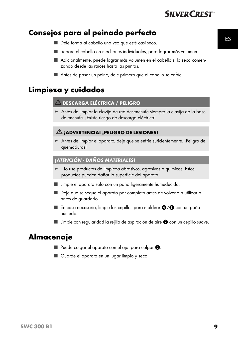 Consejos para el peinado perfecto, Limpieza y cuidados, Almacenaje | Silvercrest SWC 300 B1 User Manual | Page 12 / 64