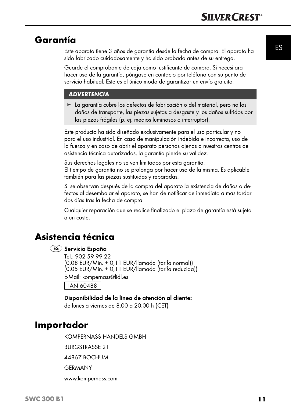 Garantía, Asistencia técnica, Importador | Silvercrest SWC 300 B1 User Manual | Page 14 / 64