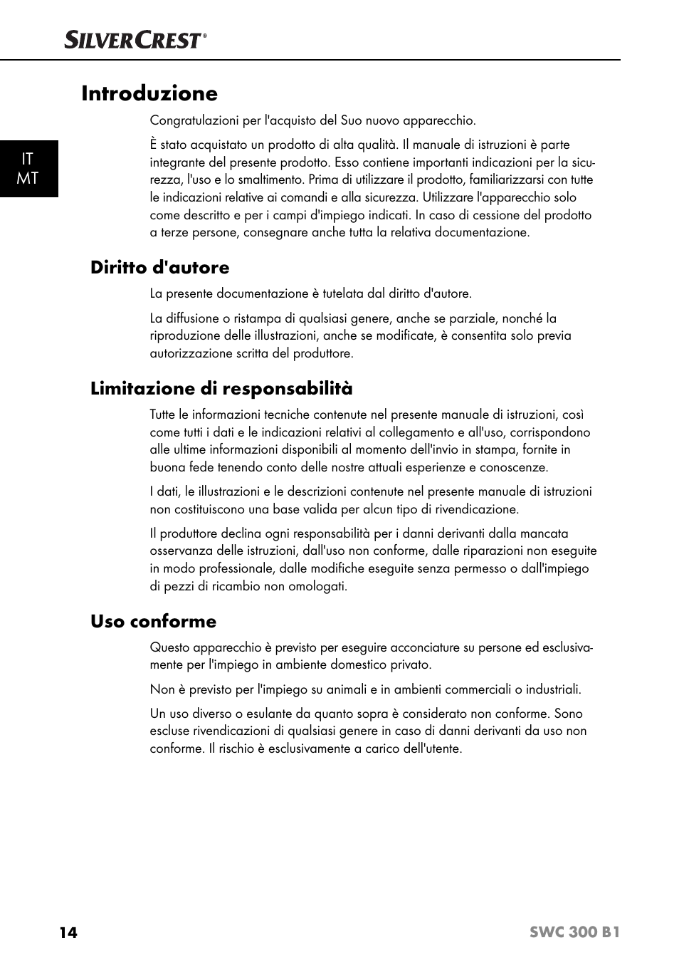 Introduzione, Diritto d'autore, Limitazione di responsabilità | Uso conforme | Silvercrest SWC 300 B1 User Manual | Page 17 / 64