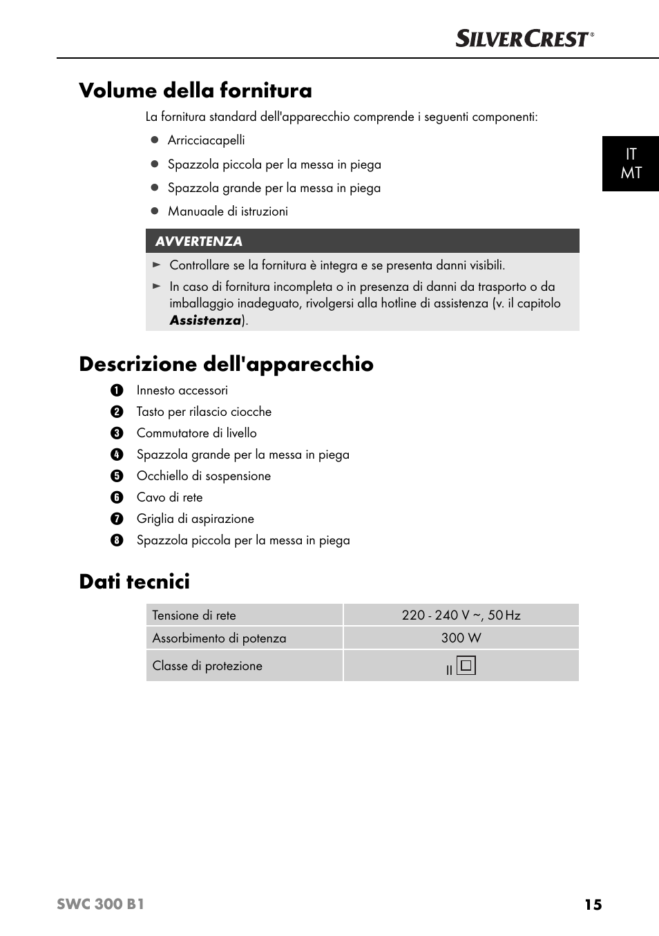 Volume della fornitura, Descrizione dell'apparecchio, Dati tecnici | It mt | Silvercrest SWC 300 B1 User Manual | Page 18 / 64