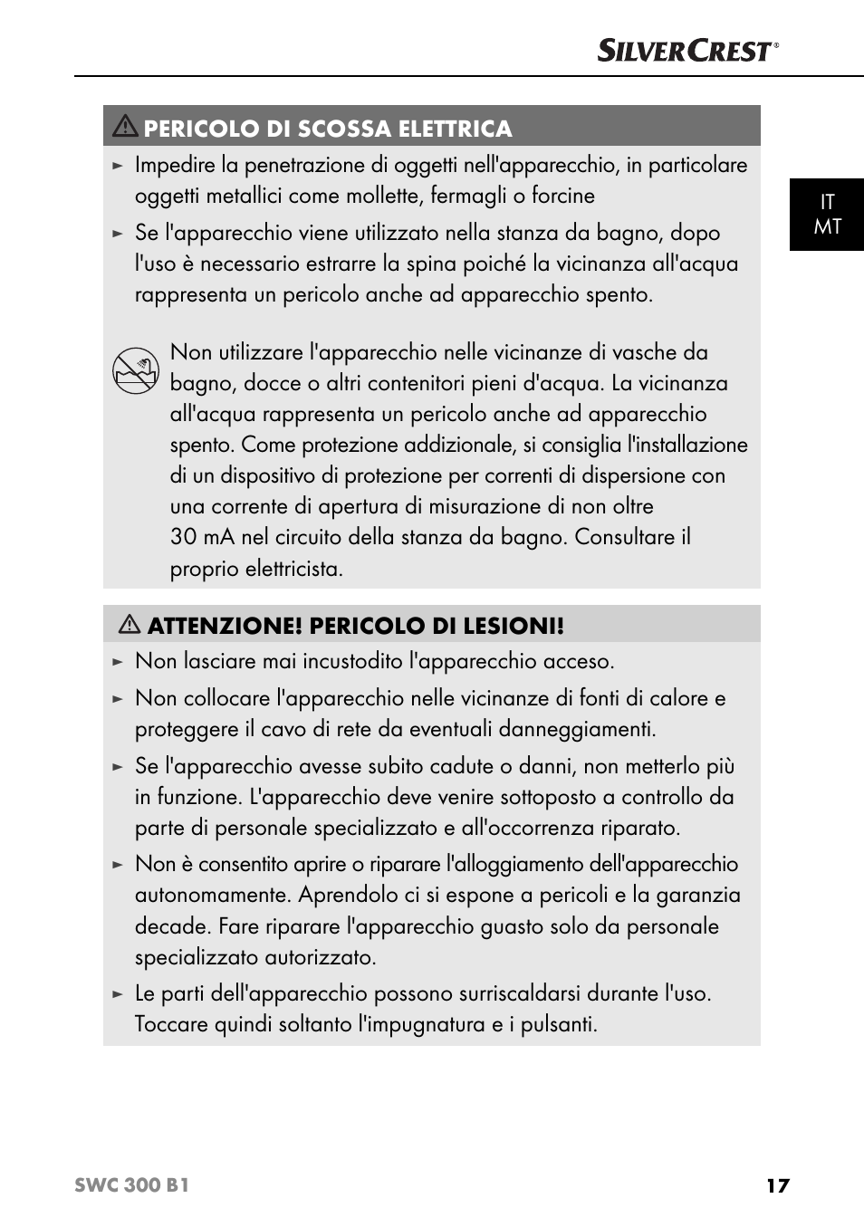 Pericolo di scossa elettrica, Non lasciare mai incustodito l'apparecchio acceso | Silvercrest SWC 300 B1 User Manual | Page 20 / 64