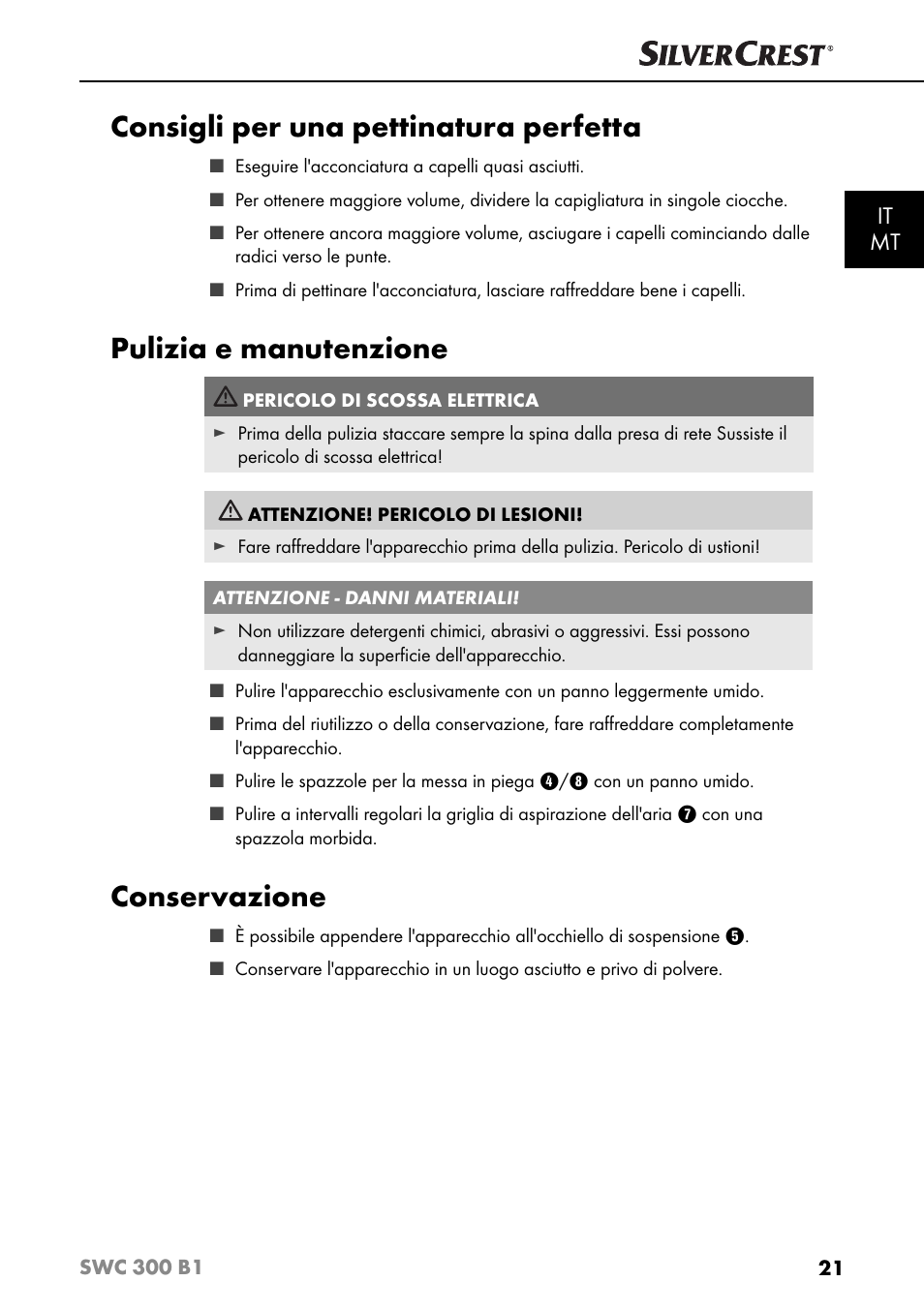 Consigli per una pettinatura perfetta, Pulizia e manutenzione, Conservazione | It mt | Silvercrest SWC 300 B1 User Manual | Page 24 / 64