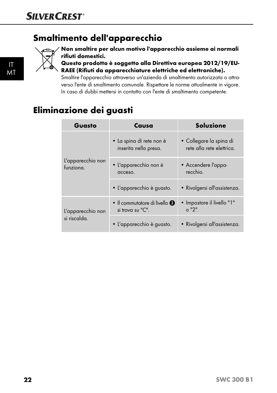 Smaltimento dell'apparecchio, Eliminazione dei guasti, It mt | Silvercrest SWC 300 B1 User Manual | Page 25 / 64