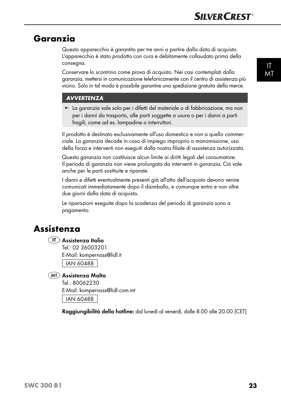 Garanzia, Assistenza, It mt | Silvercrest SWC 300 B1 User Manual | Page 26 / 64