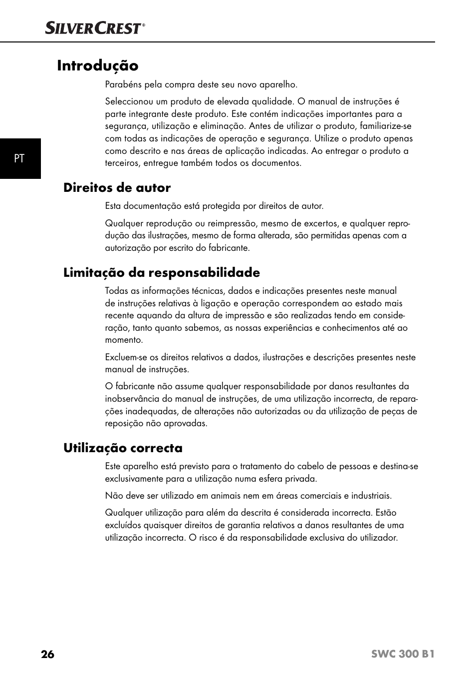 Introdução, Direitos de autor, Limitação da responsabilidade | Utilização correcta | Silvercrest SWC 300 B1 User Manual | Page 29 / 64