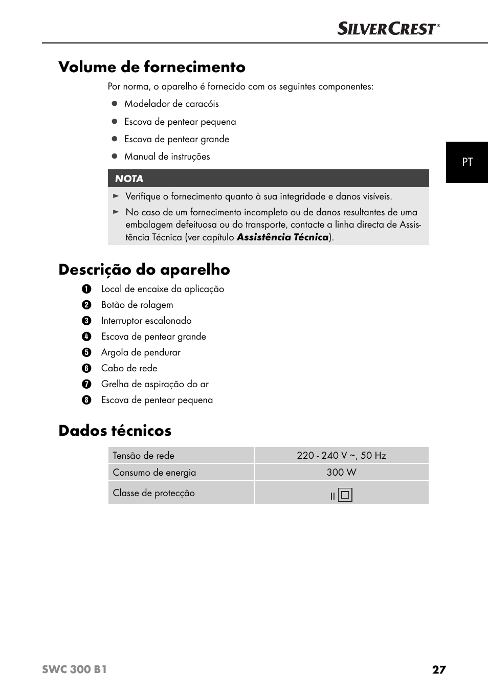 Volume de fornecimento, Descrição do aparelho, Dados técnicos | Silvercrest SWC 300 B1 User Manual | Page 30 / 64