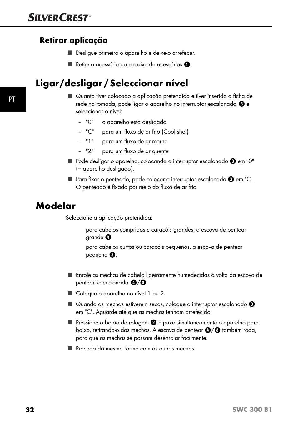 Ligar/desligar / seleccionar nível, Modelar, Retirar aplicação | Silvercrest SWC 300 B1 User Manual | Page 35 / 64