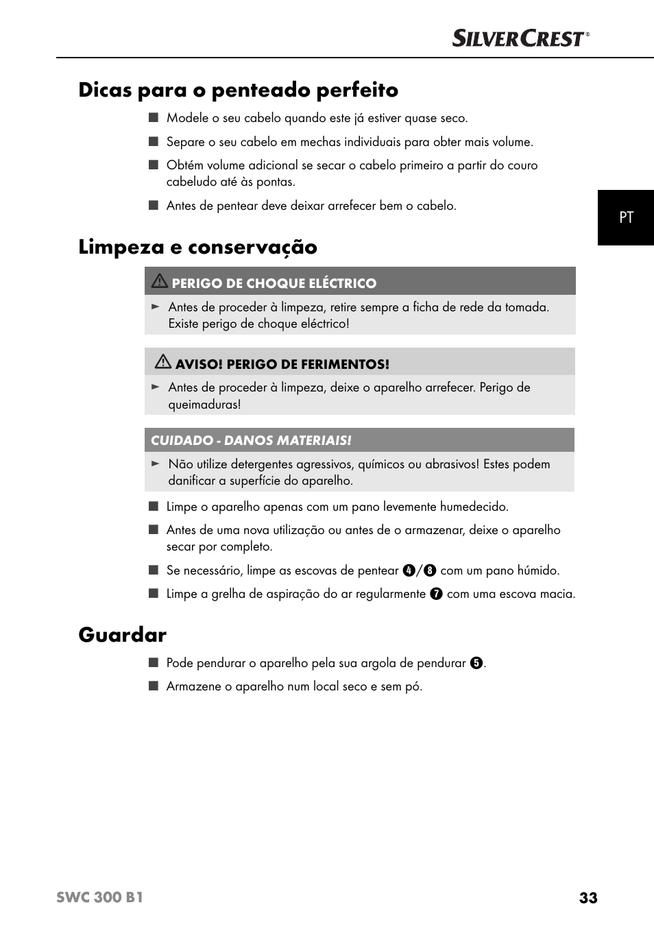 Dicas para o penteado perfeito, Limpeza e conservação, Guardar | Silvercrest SWC 300 B1 User Manual | Page 36 / 64