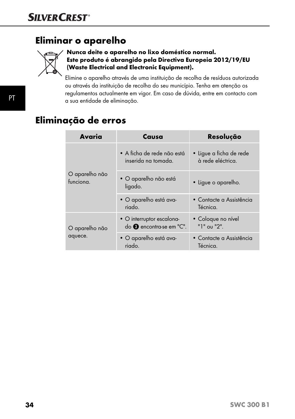 Eliminar o aparelho, Eliminação de erros | Silvercrest SWC 300 B1 User Manual | Page 37 / 64