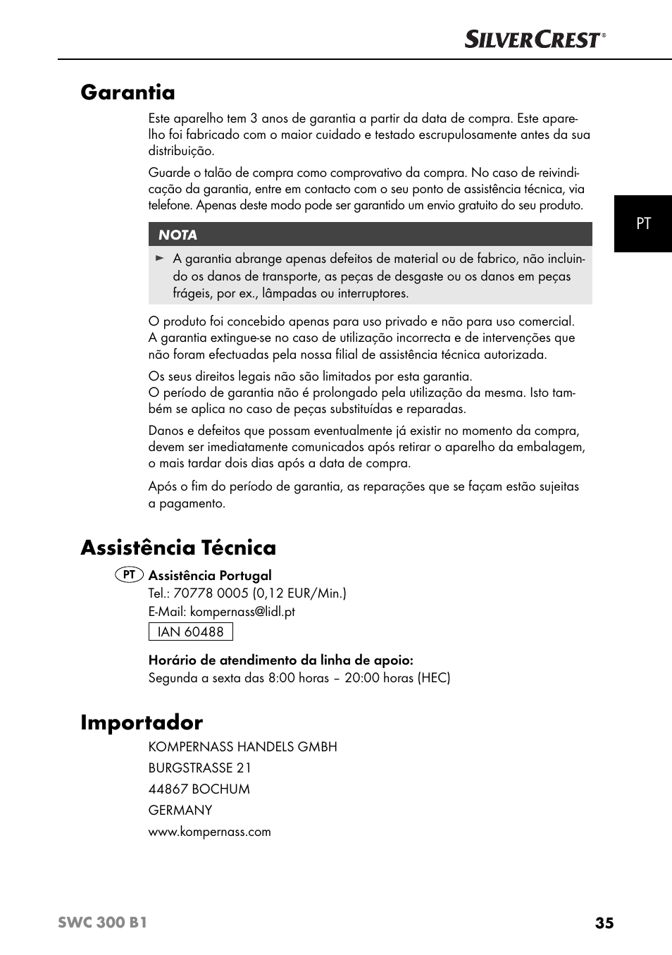 Garantia, Assistência técnica, Importador | Silvercrest SWC 300 B1 User Manual | Page 38 / 64