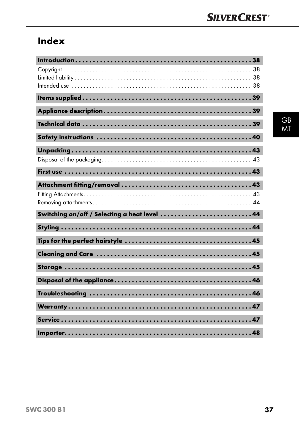 Index, Gb mt | Silvercrest SWC 300 B1 User Manual | Page 40 / 64