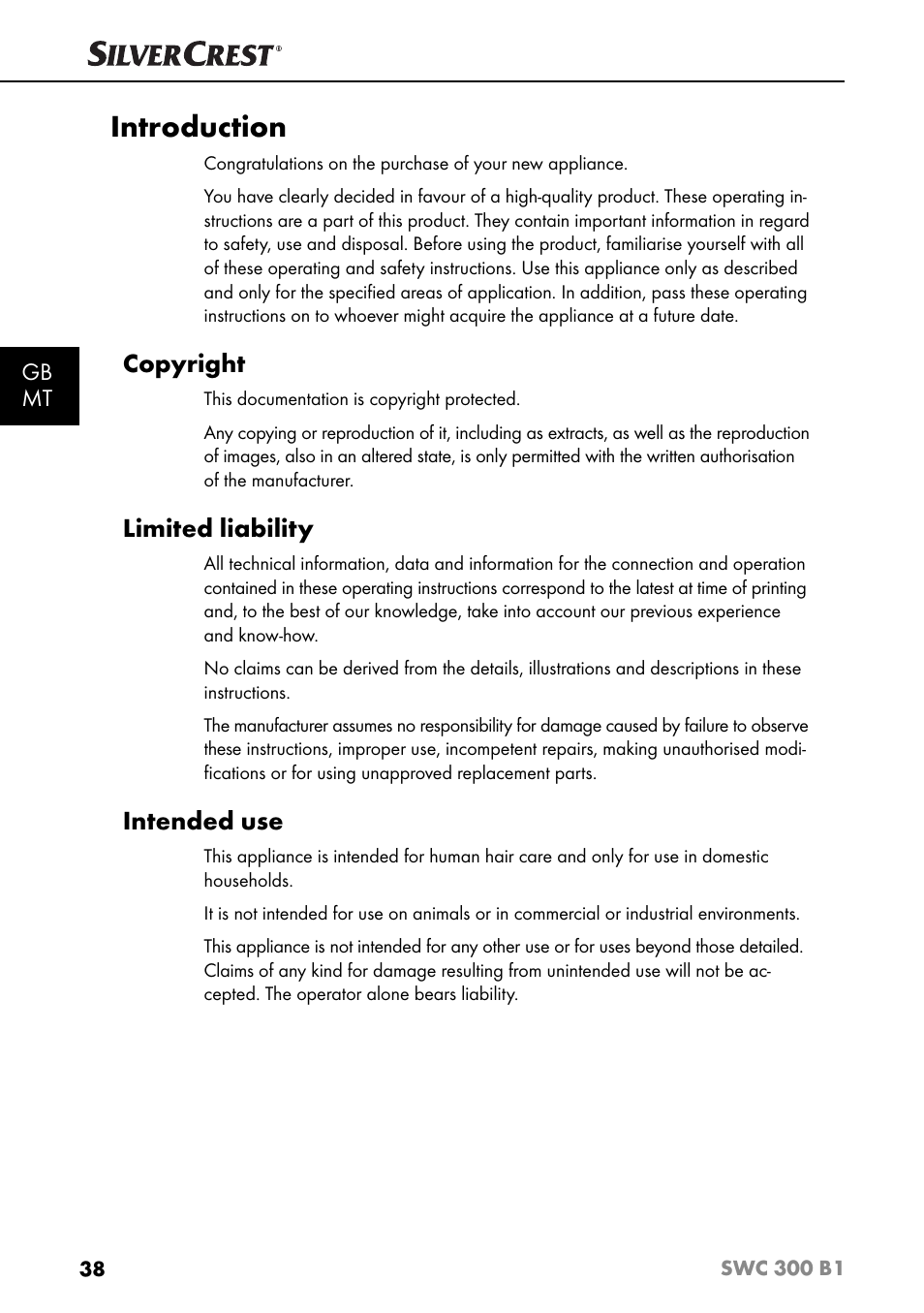 Introduction, Copyright, Limited liability | Intended use, Gb mt | Silvercrest SWC 300 B1 User Manual | Page 41 / 64