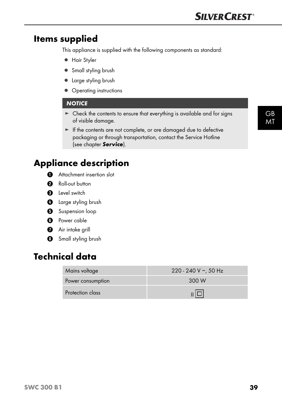 Items supplied, Appliance description, Technical data | Gb mt | Silvercrest SWC 300 B1 User Manual | Page 42 / 64