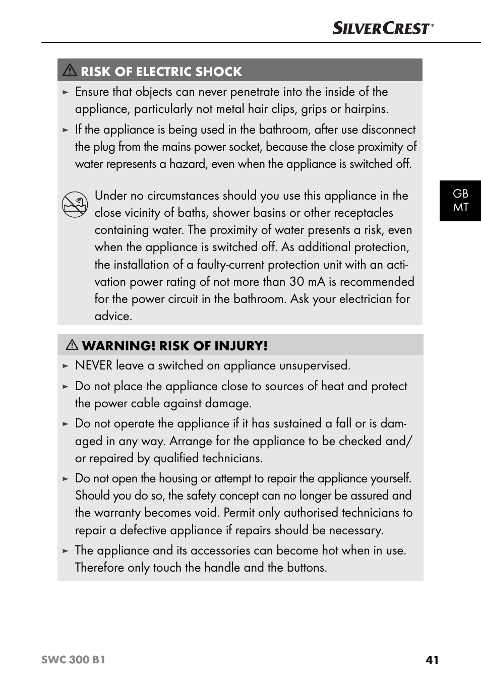 Risk of electric shock, Never leave a switched on appliance unsupervised | Silvercrest SWC 300 B1 User Manual | Page 44 / 64