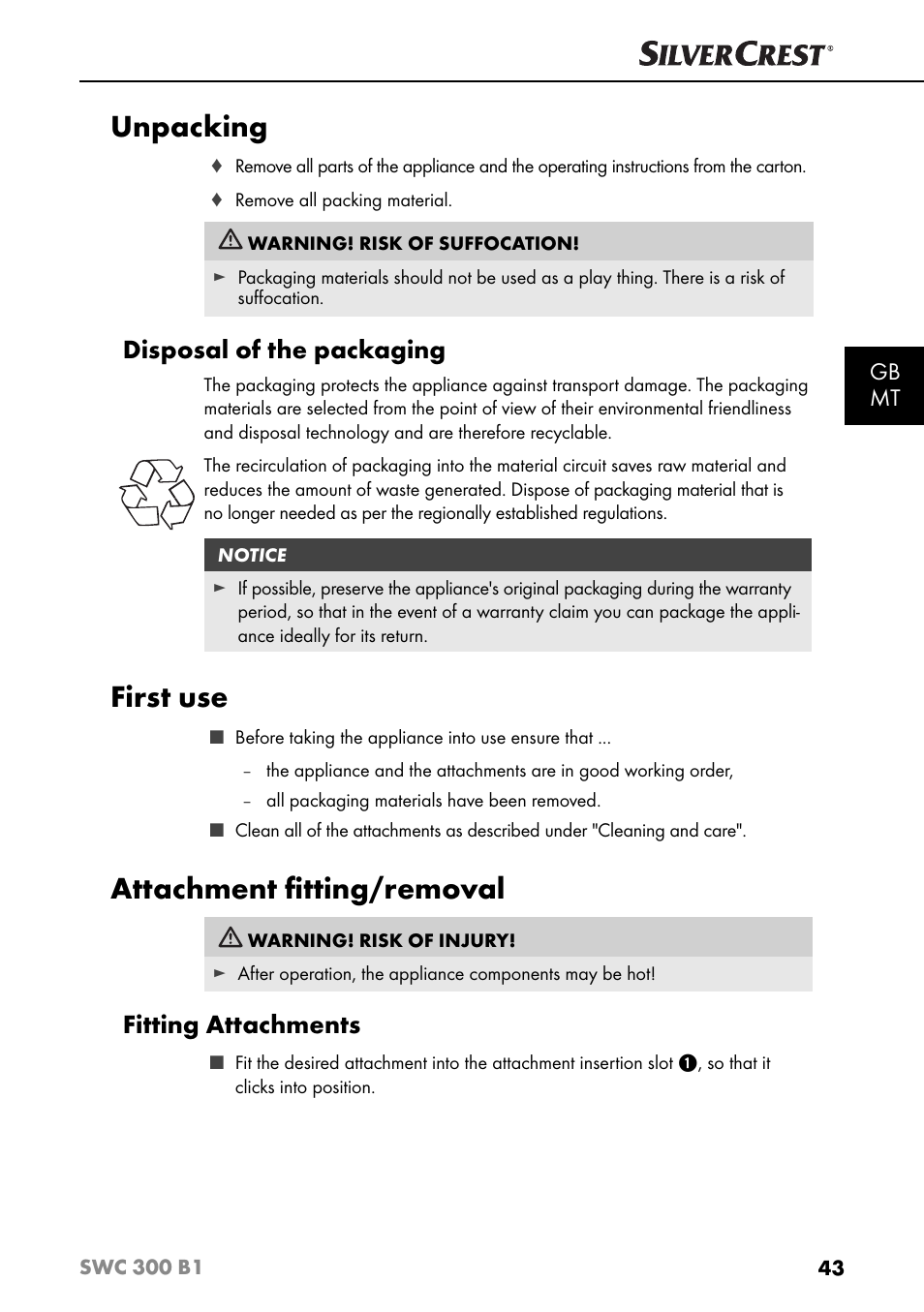 Unpacking, First use, Attachment ﬁ tting/removal | Disposal of the packaging, Fitting attachments, Gb mt | Silvercrest SWC 300 B1 User Manual | Page 46 / 64