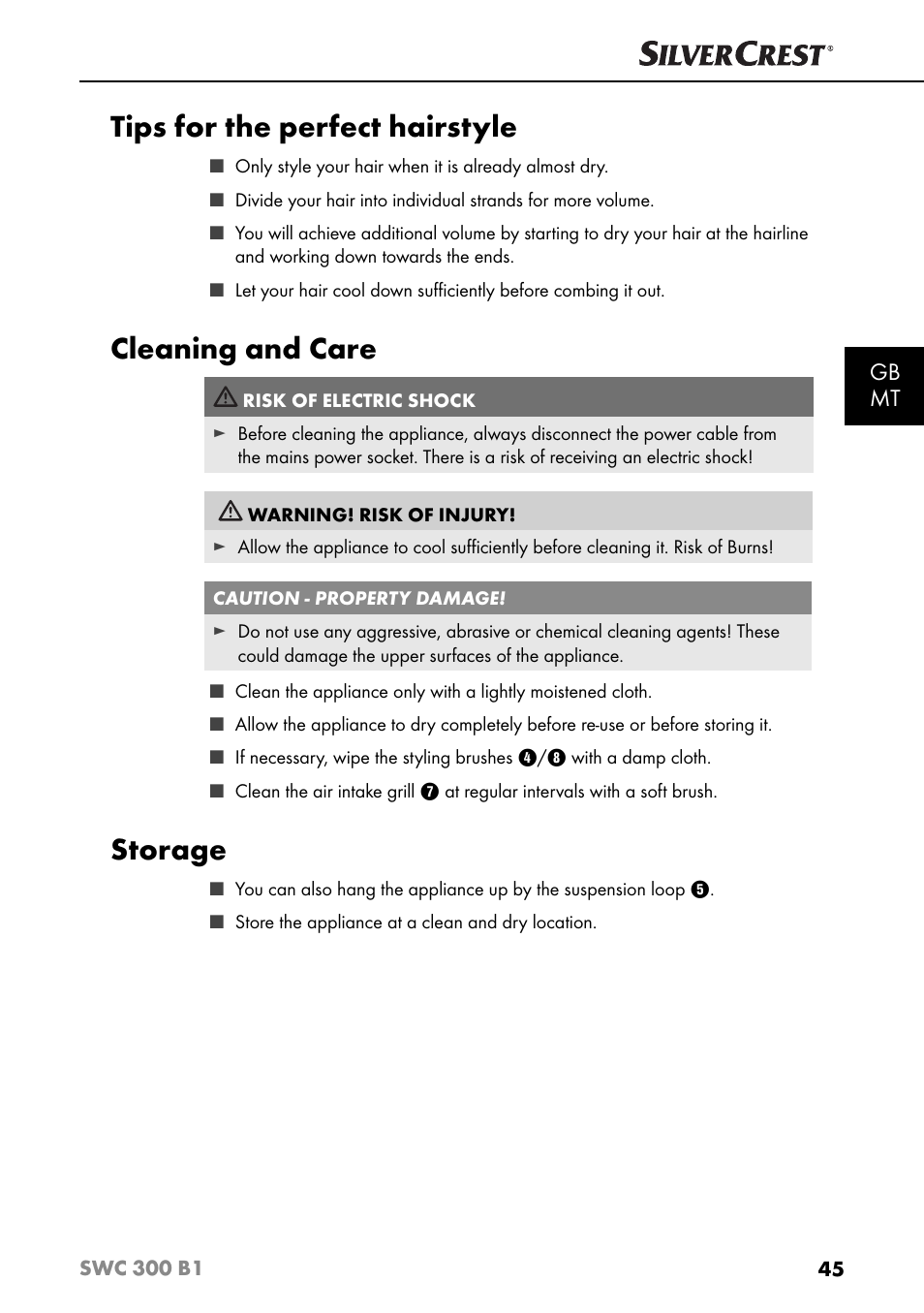 Tips for the perfect hairstyle, Cleaning and care, Storage | Gb mt | Silvercrest SWC 300 B1 User Manual | Page 48 / 64