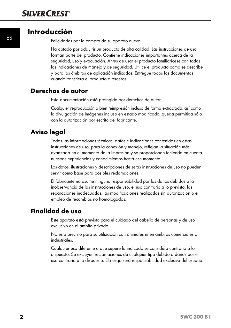 Introducción, Derechos de autor, Aviso legal | Finalidad de uso | Silvercrest SWC 300 B1 User Manual | Page 5 / 64