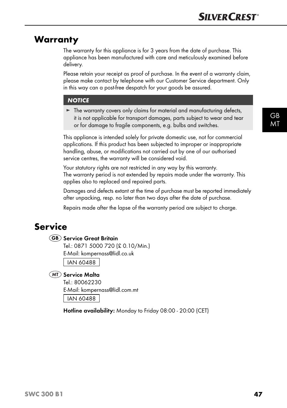 Warranty, Service, Gb mt | Silvercrest SWC 300 B1 User Manual | Page 50 / 64