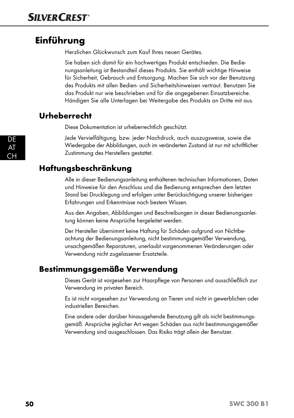 Einführung, Urheberrecht, Haftungsbeschränkung | Bestimmungsgemäße verwendung | Silvercrest SWC 300 B1 User Manual | Page 53 / 64