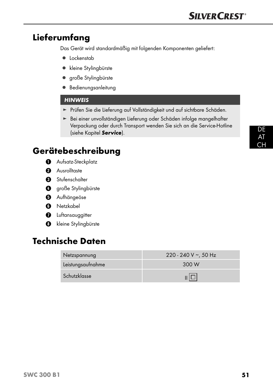 Lieferumfang, Gerätebeschreibung, Technische daten | De at ch | Silvercrest SWC 300 B1 User Manual | Page 54 / 64