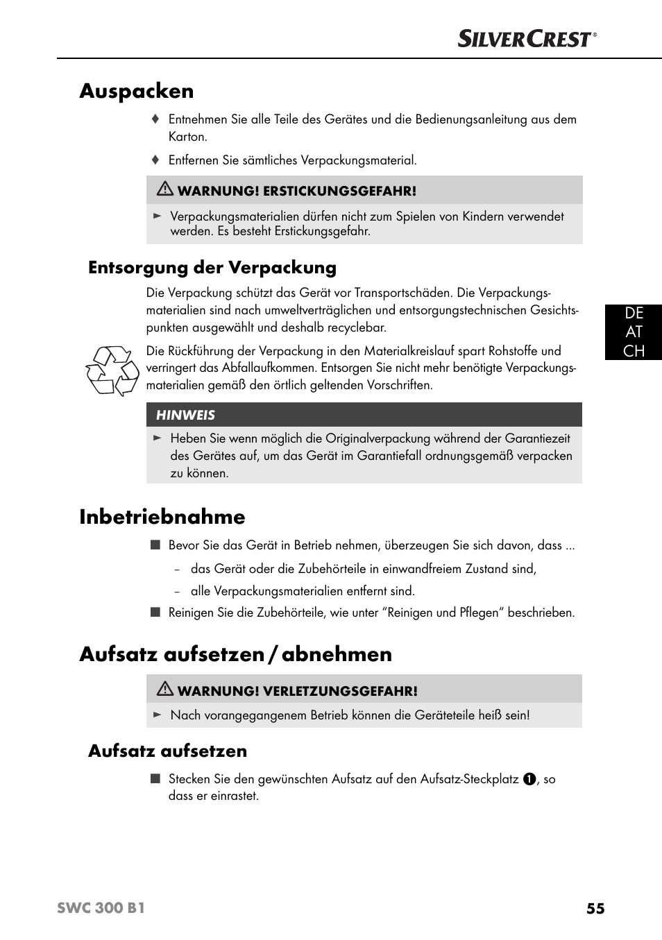 Auspacken, Inbetriebnahme, Aufsatz aufsetzen / abnehmen | Entsorgung der verpackung, Aufsatz aufsetzen, De at ch | Silvercrest SWC 300 B1 User Manual | Page 58 / 64