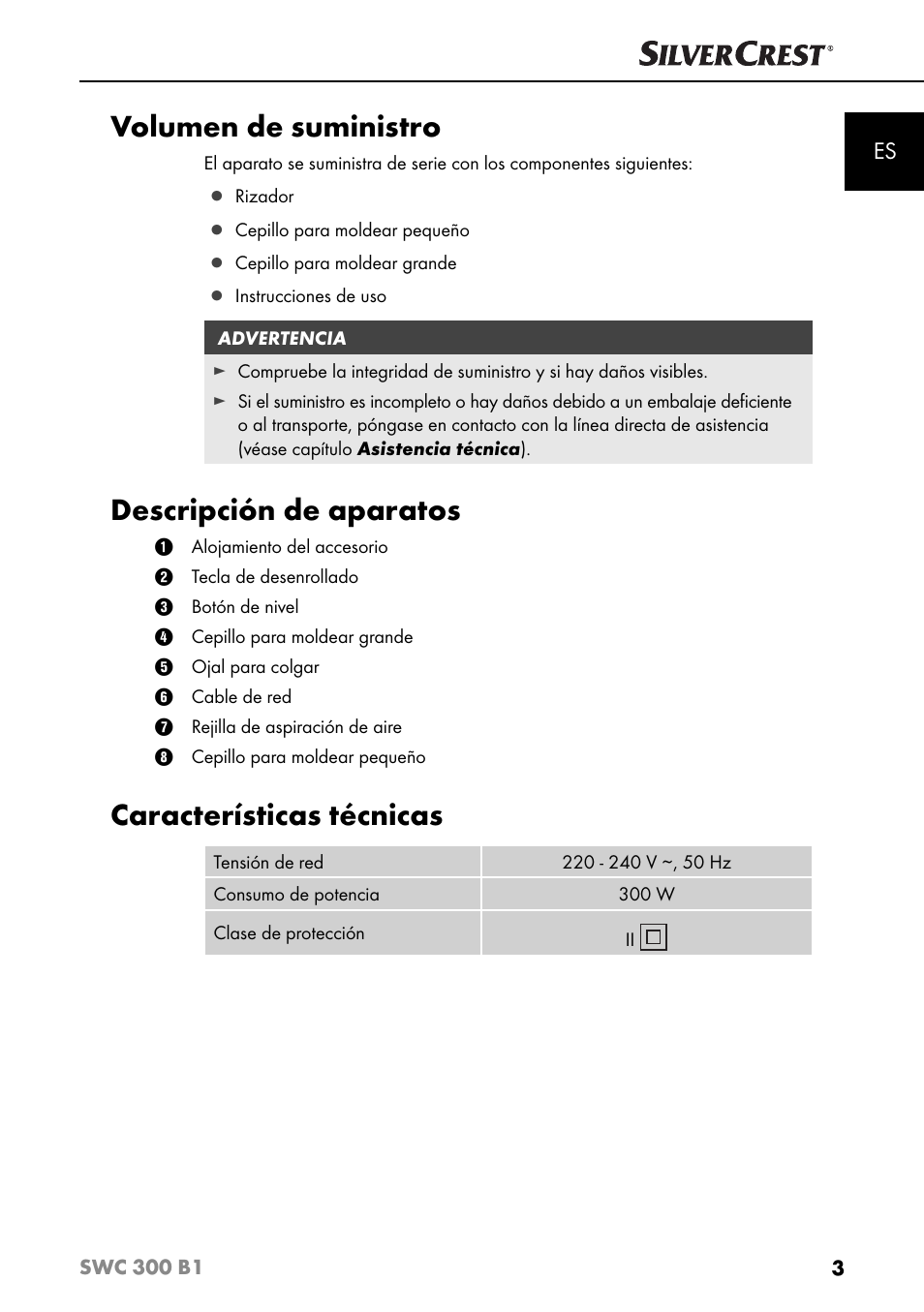 Volumen de suministro, Descripción de aparatos, Características técnicas | Silvercrest SWC 300 B1 User Manual | Page 6 / 64