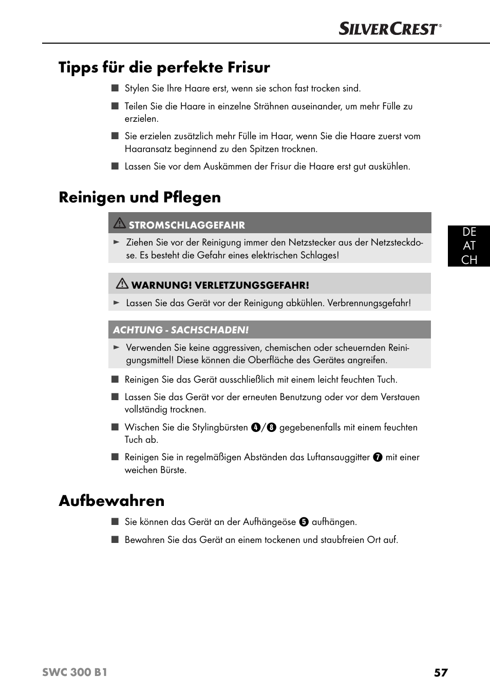 Tipps für die perfekte frisur, Reinigen und pﬂ egen, Aufbewahren | De at ch | Silvercrest SWC 300 B1 User Manual | Page 60 / 64