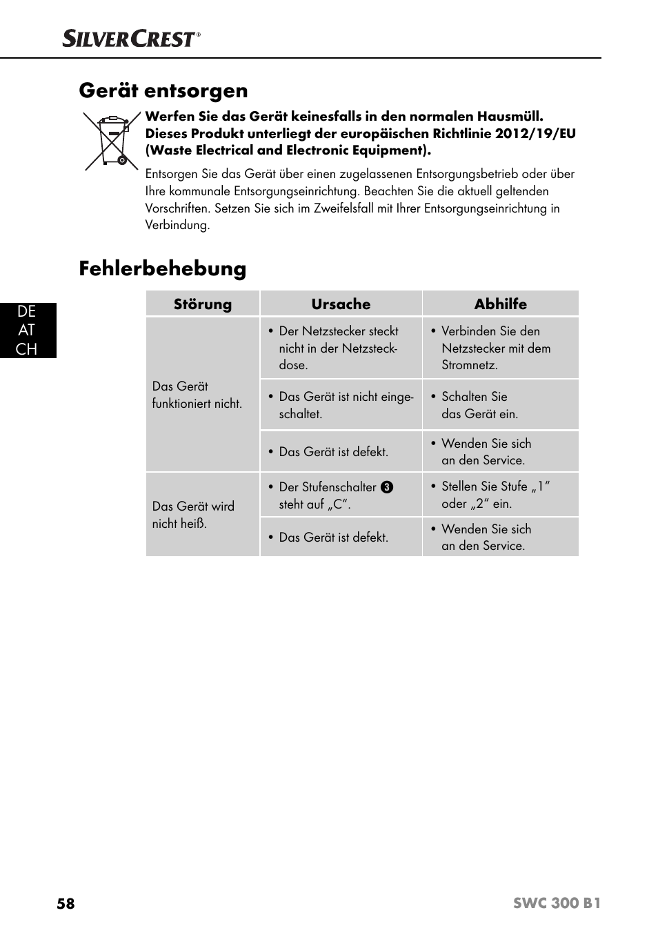 Gerät entsorgen, Fehlerbehebung, De at ch | Silvercrest SWC 300 B1 User Manual | Page 61 / 64