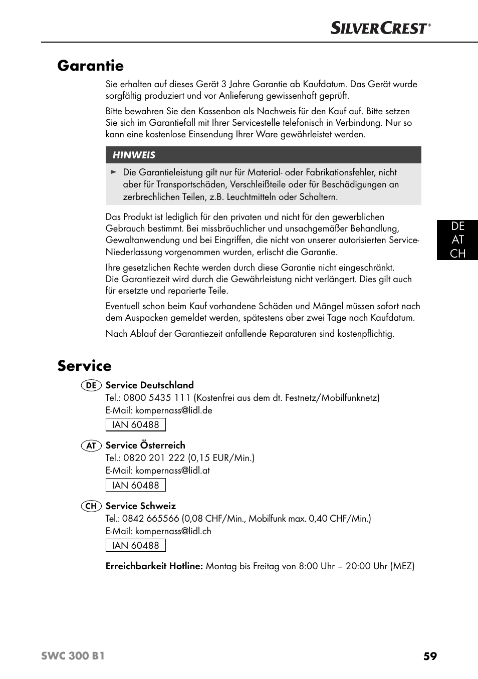 Garantie, Service, De at ch | Silvercrest SWC 300 B1 User Manual | Page 62 / 64