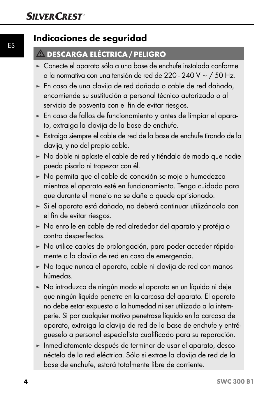 Indicaciones de seguridad, Descarga eléctrica / peligro | Silvercrest SWC 300 B1 User Manual | Page 7 / 64