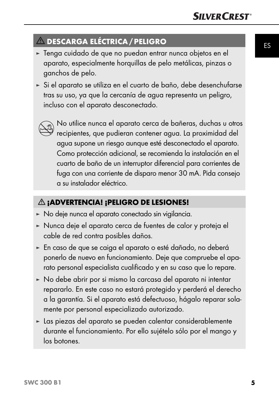 Descarga eléctrica / peligro, No deje nunca el aparato conectado sin vigilancia | Silvercrest SWC 300 B1 User Manual | Page 8 / 64