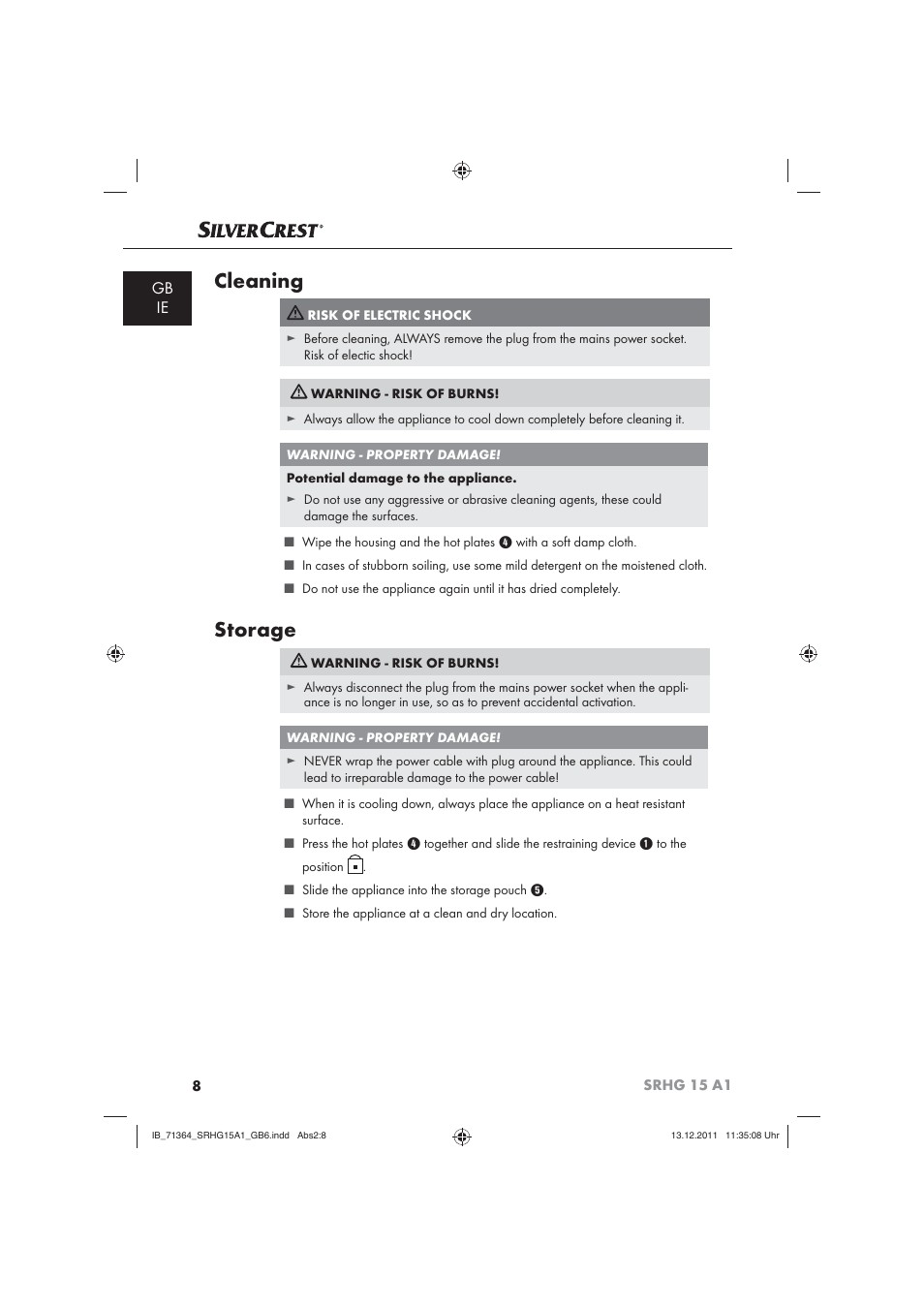 Cleaning, Storage, Gb ie | Silvercrest SRHG 15 A1 User Manual | Page 10 / 12