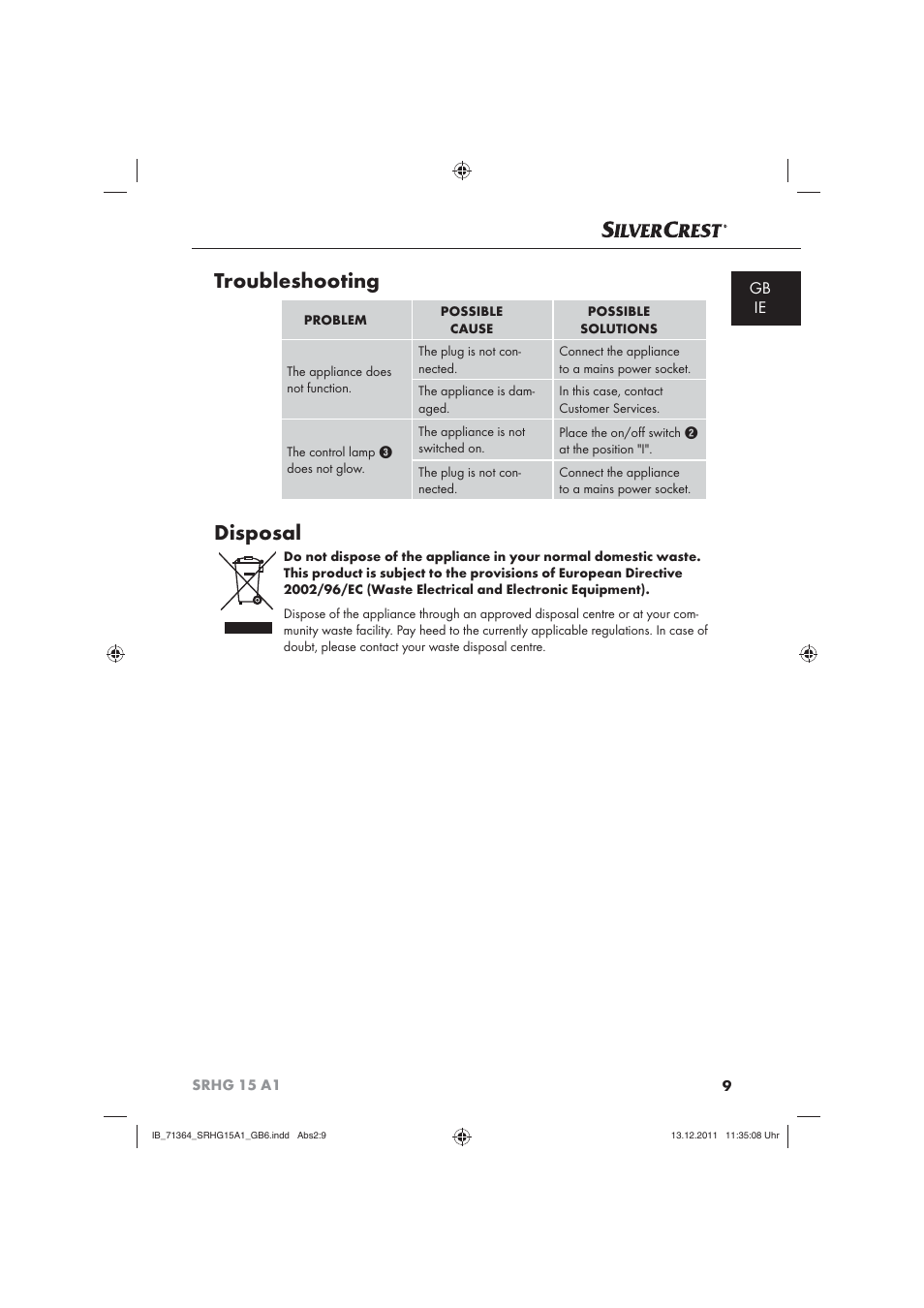 Troubleshooting, Disposal, Gb ie | Silvercrest SRHG 15 A1 User Manual | Page 11 / 12