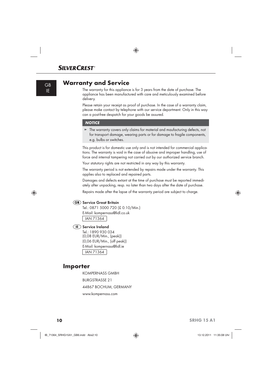 Warranty and service, Importer, Gb ie | Silvercrest SRHG 15 A1 User Manual | Page 12 / 12