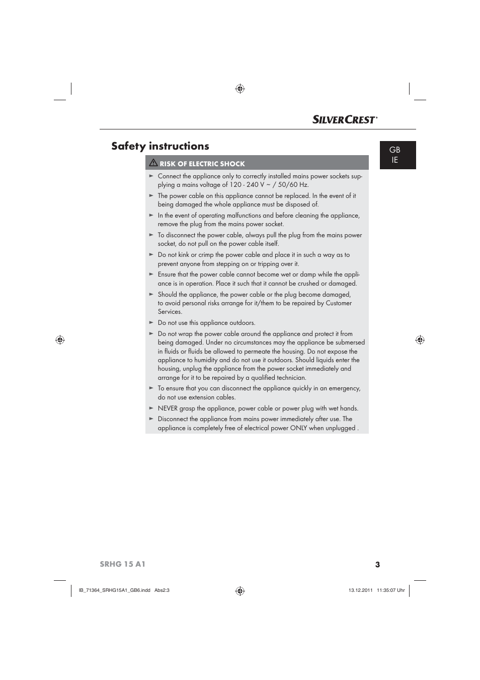 Safety instructions, Gb ie | Silvercrest SRHG 15 A1 User Manual | Page 5 / 12