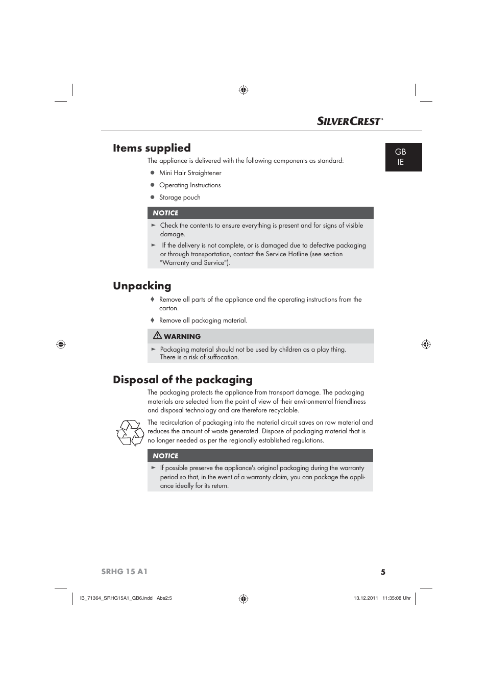 Items supplied, Unpacking, Disposal of the packaging | Gb ie | Silvercrest SRHG 15 A1 User Manual | Page 7 / 12