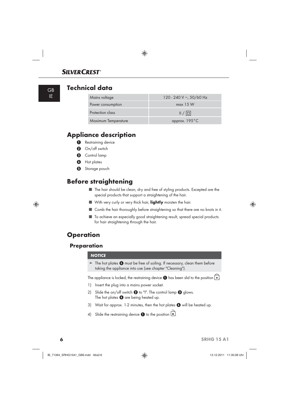 Technical data, Appliance description, Before straightening | Operation, Preparation, Gb ie | Silvercrest SRHG 15 A1 User Manual | Page 8 / 12