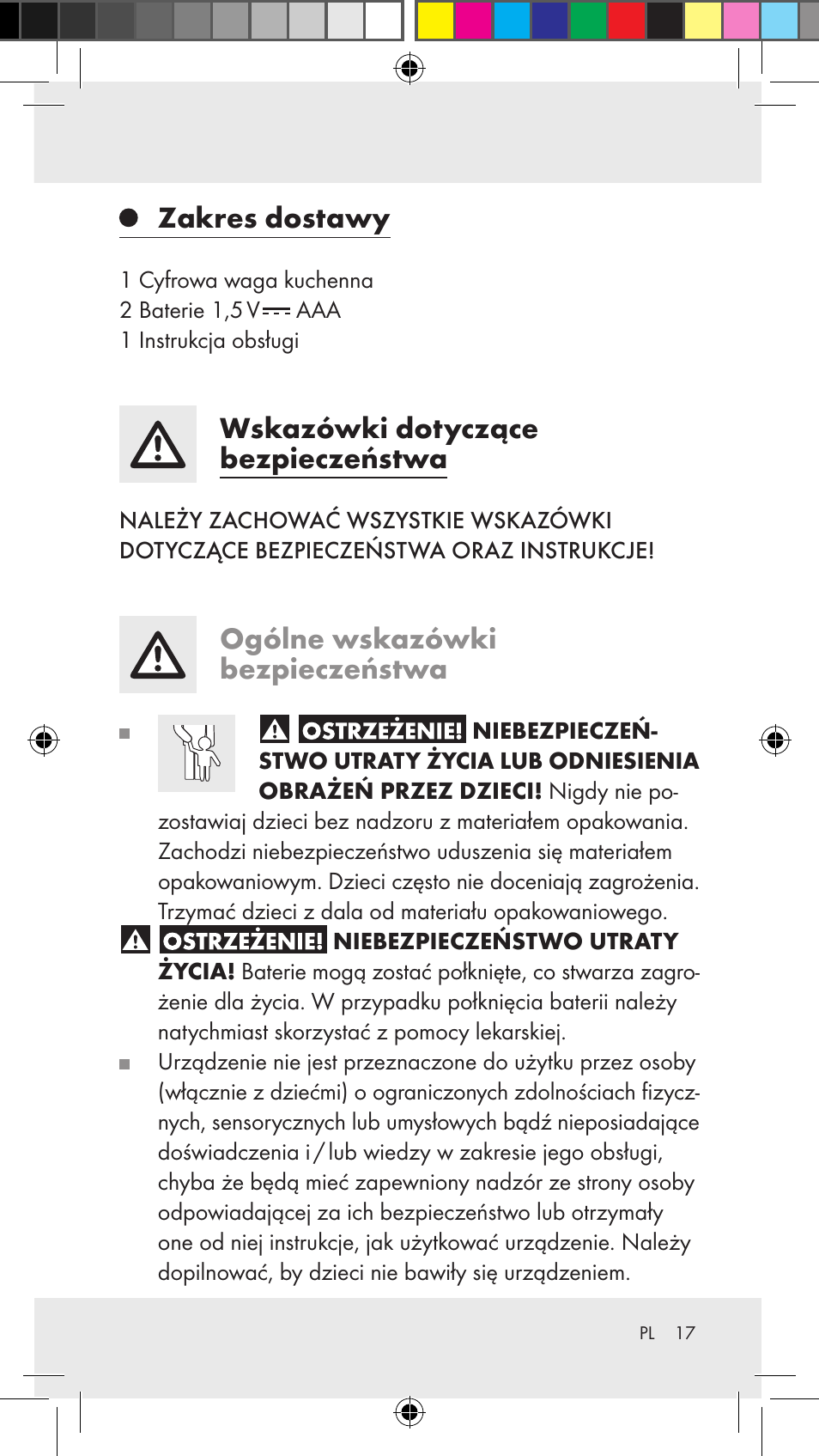 Opis części, Dane techniczne, Zakres dostawy | Wskazówki dotyczące bezpieczeństwa, Ogólne wskazówki bezpieczeństwa | Silvercrest Z31183 User Manual | Page 17 / 86
