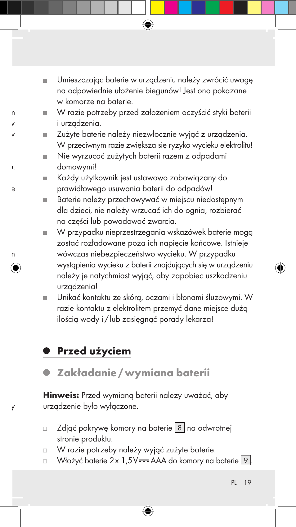 Wskazówki bezpieczeństwa dotyczące baterii, Przed użyciem zakładanie / wymiana baterii | Silvercrest Z31183 User Manual | Page 19 / 86